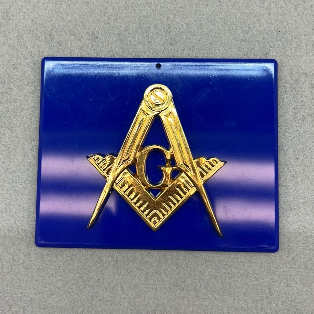 Vintage Masonic Square and Compasses Gold Tone Emblem on Blue Plaque Collectible